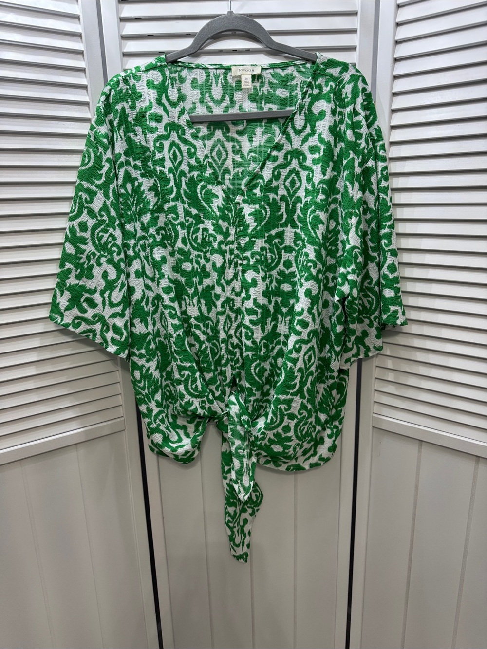 Tie-Front Printed V-Neck Blouse in Green and White - Women